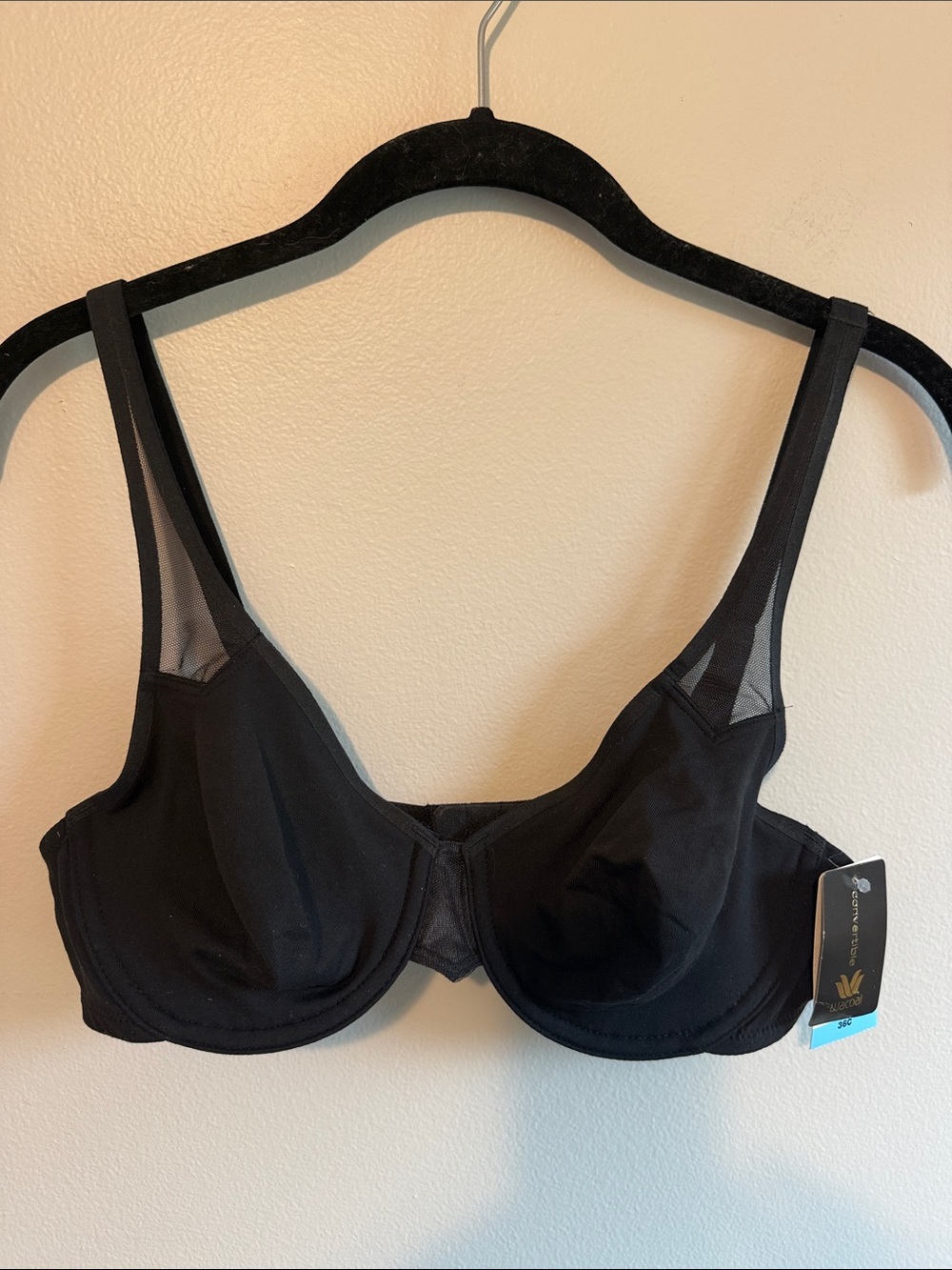 NWT Wacoal Everyday Black Convertible Underwire Bra with Sheer Strap Panels, 36C